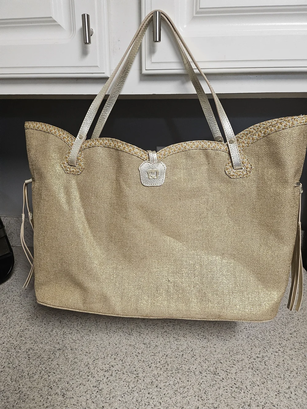 Eric Javits Gold Woven Tote with Tortoiseshell Clasp